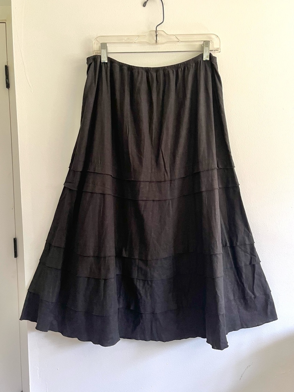 Vintage Linen Blend Black Whimsigoth Tiered Pull On Midi Skirt Witchy Prairie 12